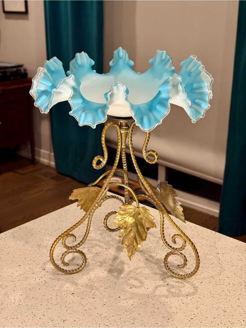 Vintage Victorian Fenton ruffle glass bowl with ornate brass stand & leaf detail